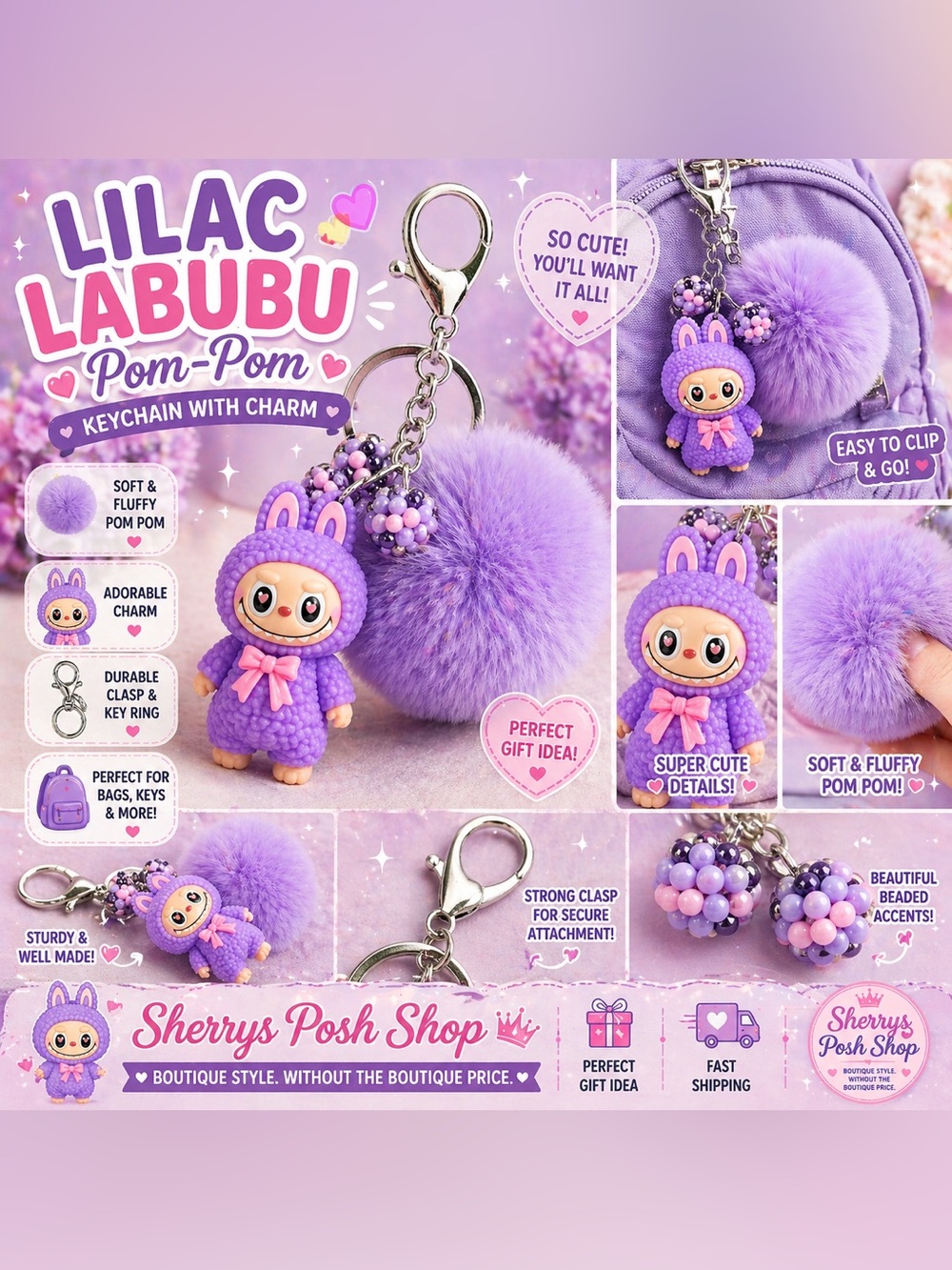 Lilac Pom Pom Keychain Cute Doll Charm Labubu Inspired Purple Bag Accessory
